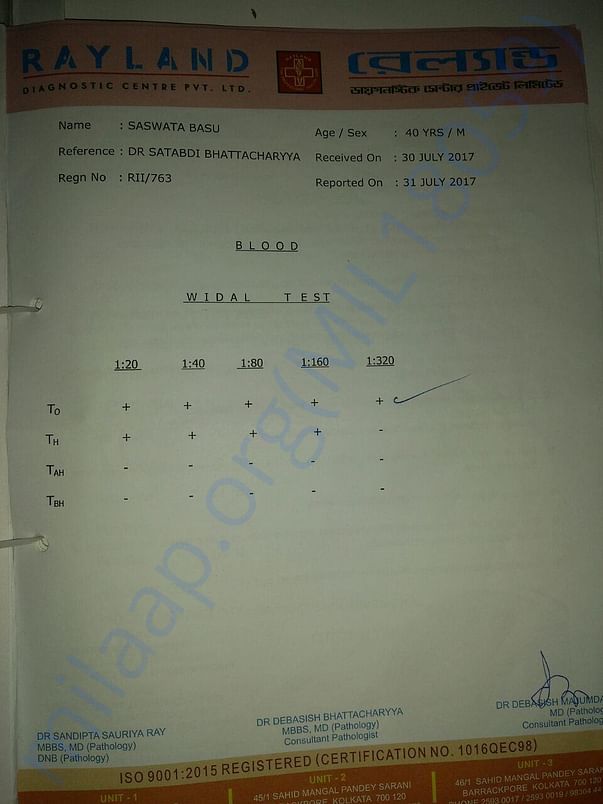 WIDAL test result indicating TYPHOID