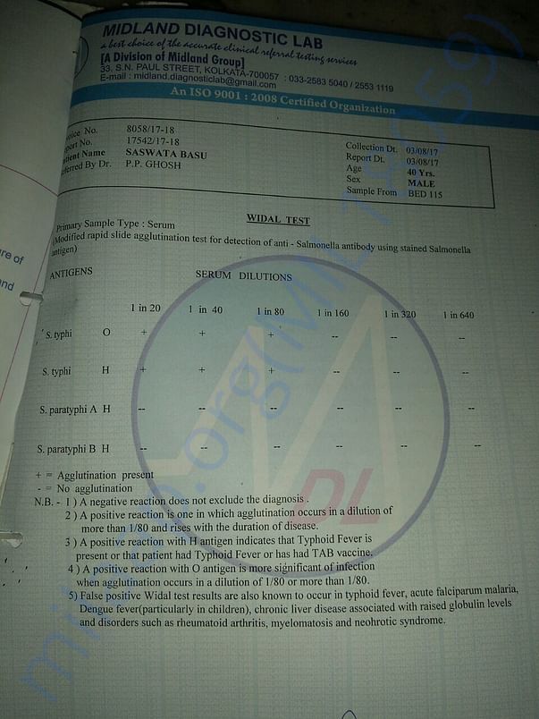 Second WIDAL test indicating no TYPHOID