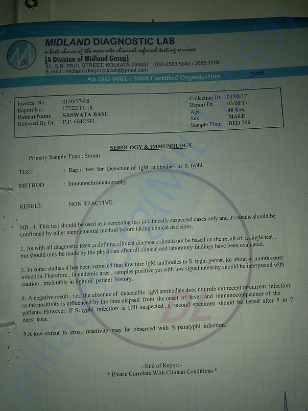Serology and Immunology report again indicating no TYPHOID