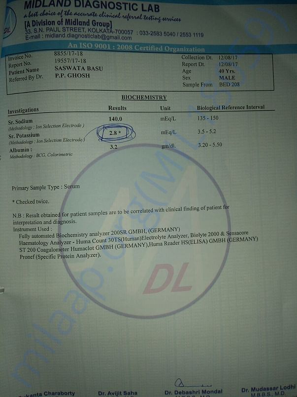 Biochemistry report indicating low Potassium level