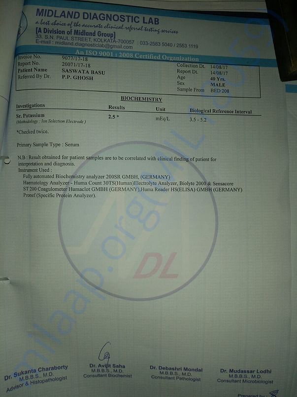 Biochemistry report again indicating low Potassium level