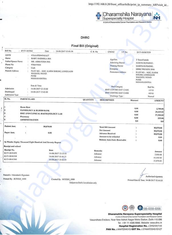 Hospital Bill till Pre BMT stage