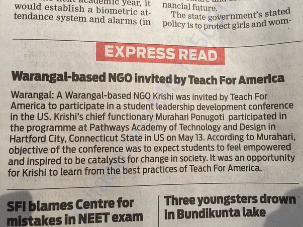 "Teach for America" in US has invited Krishi NGO to share their story.