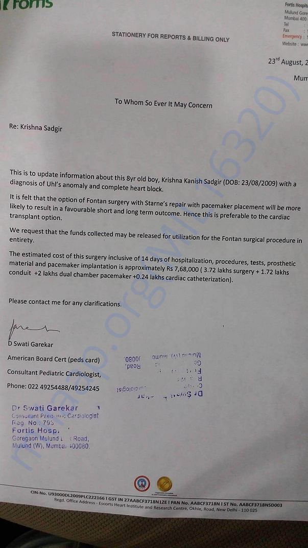 FONTAN SURGERY (Pace Maker) ESSTIMATE LETTER ISSUED BY FORTIS HOSPITAL