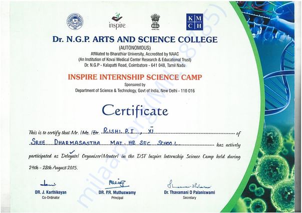 Selected for Inspire Science Internship Programme