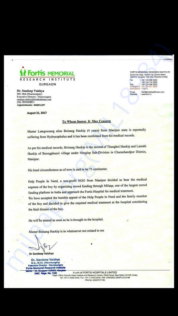 Confirmation letter from Fortis Hospital
