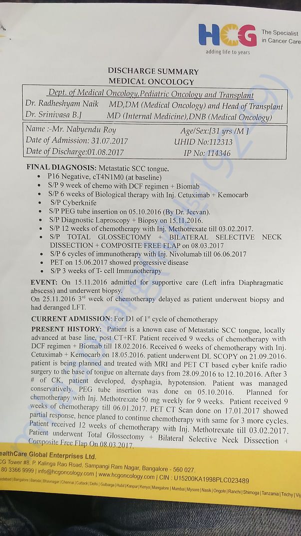 Discharge summary and PET Scan