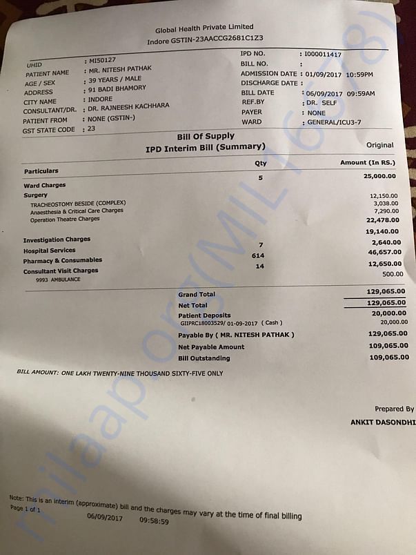 Medanta bill for tracheostomy