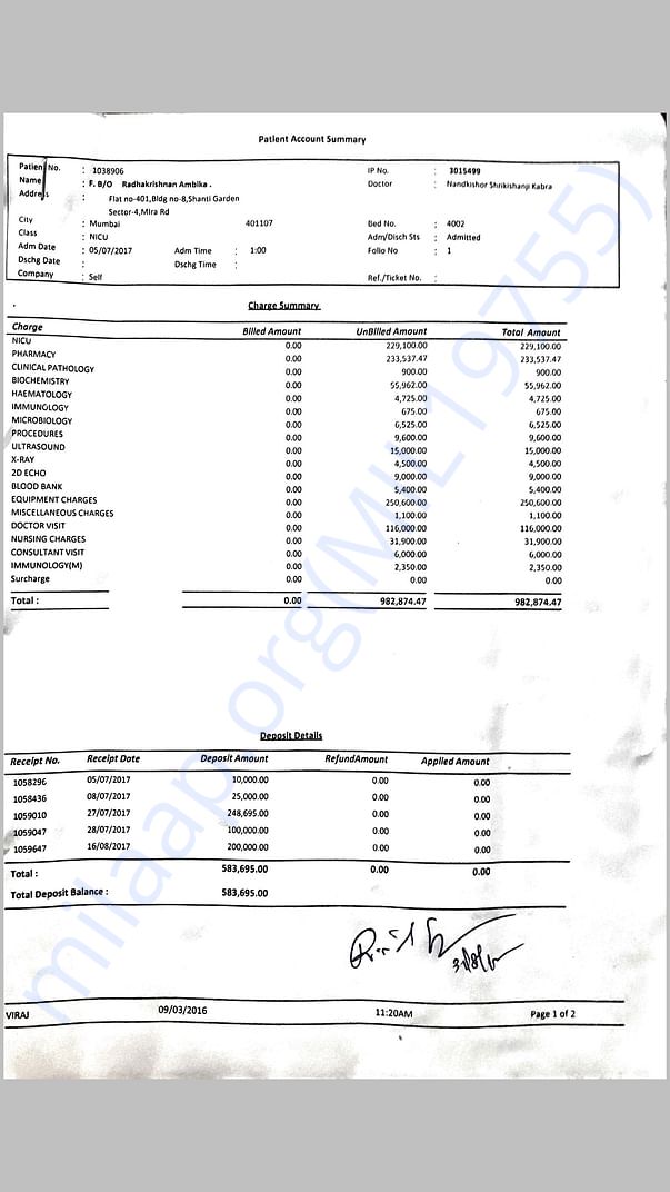 Baby's NICU Bill till date