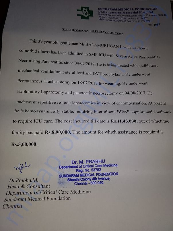 Doctor's statement on Bala's treatmnet and expenses