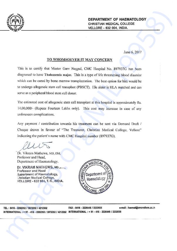 ESTIMATE LETTER OF THALASSEMIA MAJOR TREATMENT OF GARV NAGPAL