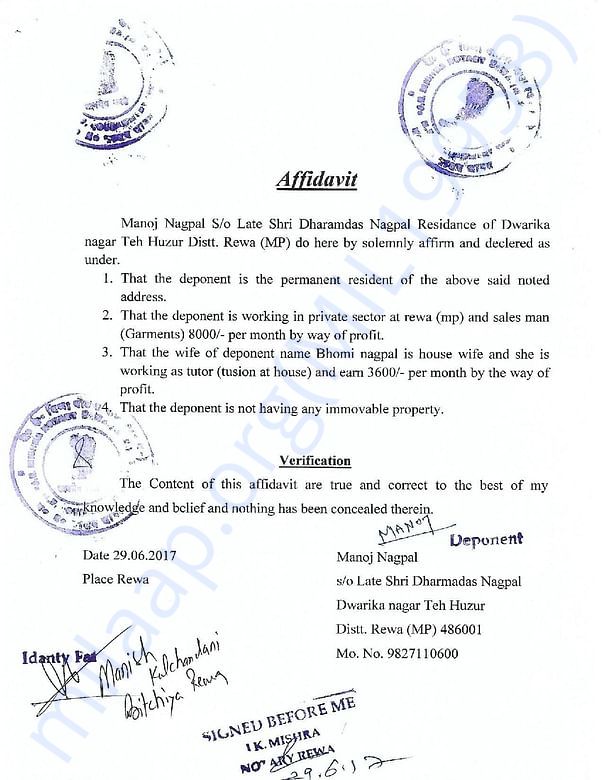 AFFIDAVIT OF SALARY OF MANOJ NAGPAL (FATHER)