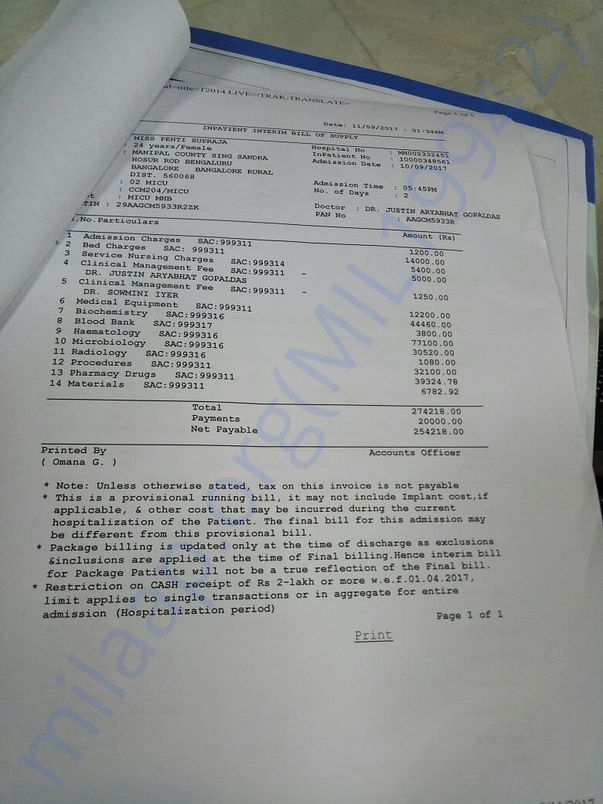 Medical charges for the second day of treatment
