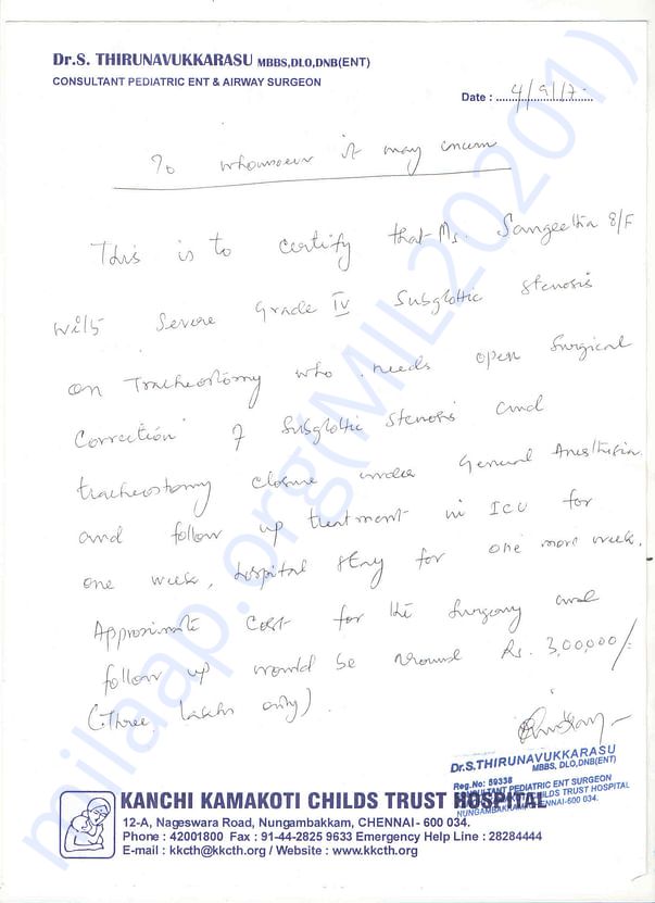 Help child Sangeetha to recover from Severe GradeIV Subglotic Stenosis
