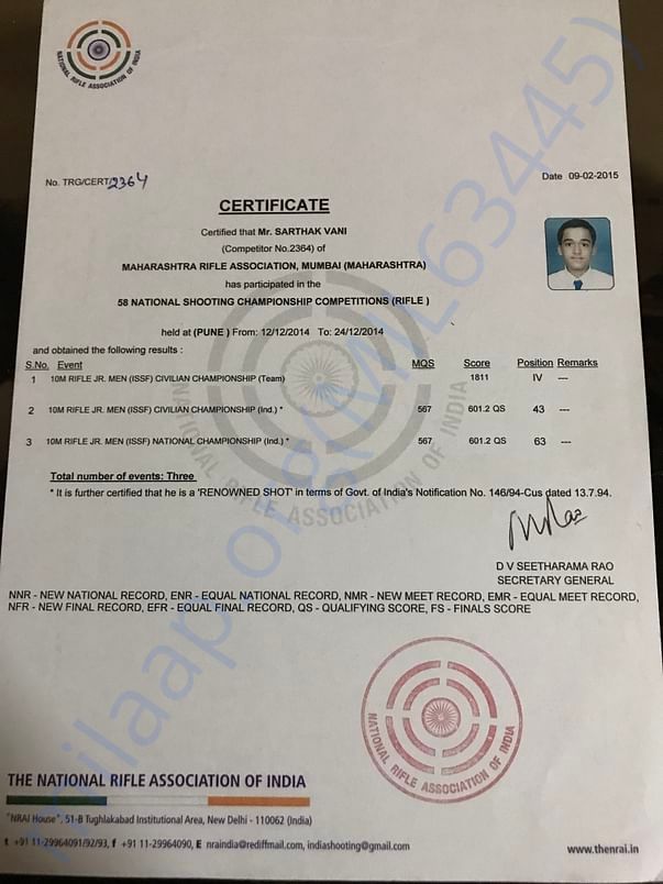 4th rank in all India national shooting championship rifle