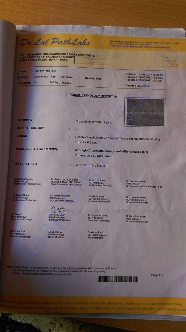 His biopsy reporting confirming cancer