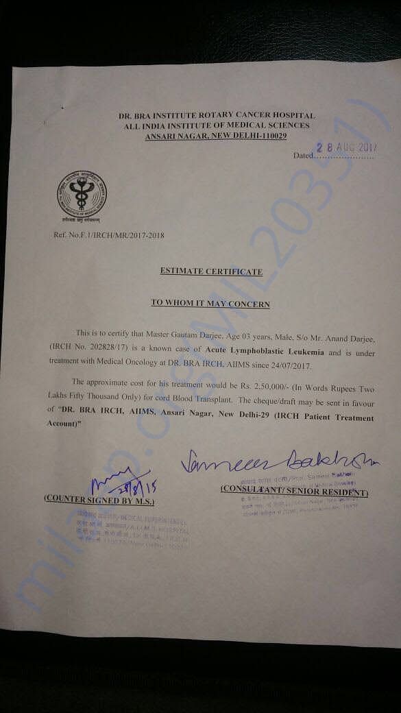 Aug 28, 2017: Doctor's Certificate explaining the treatment & expenses
