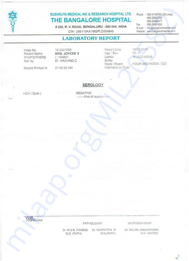 Bangalore Hospital Serology Report.