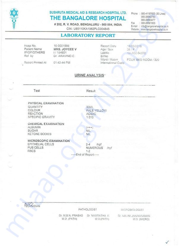 Bangalore Hospital Urine Analysis Report.