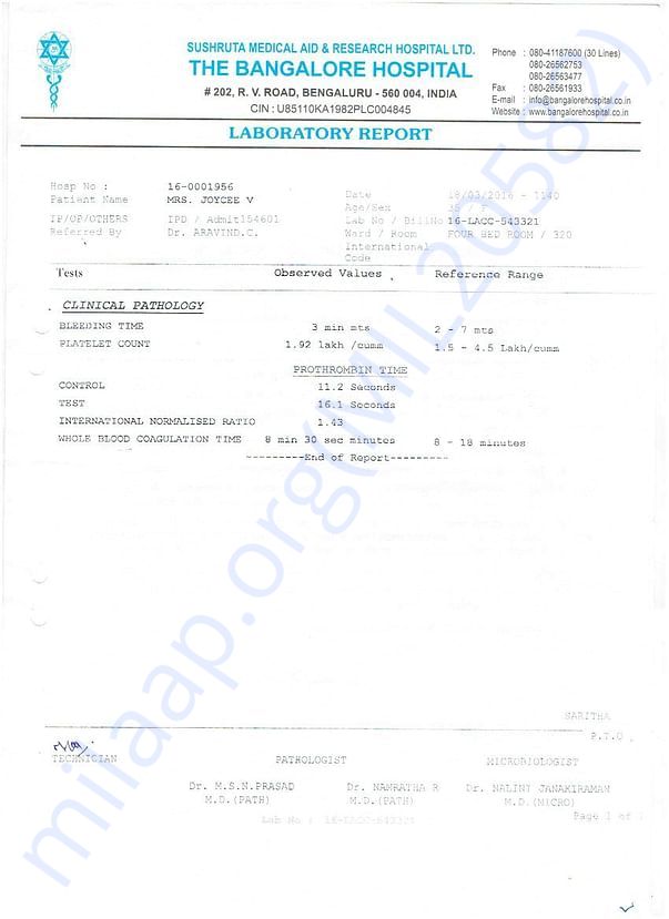 Bangalore Hospital Clinical Pathology Report.