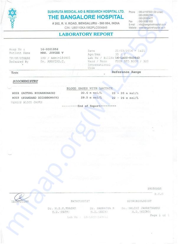 Bangalore Hospital Lab Report.