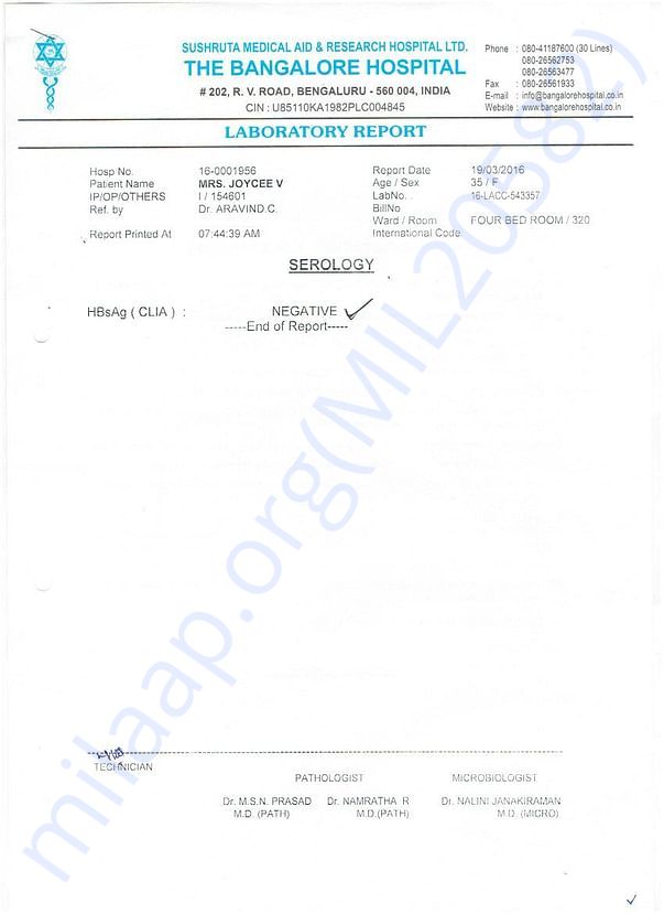 Bangalore Hospital Serology Report.