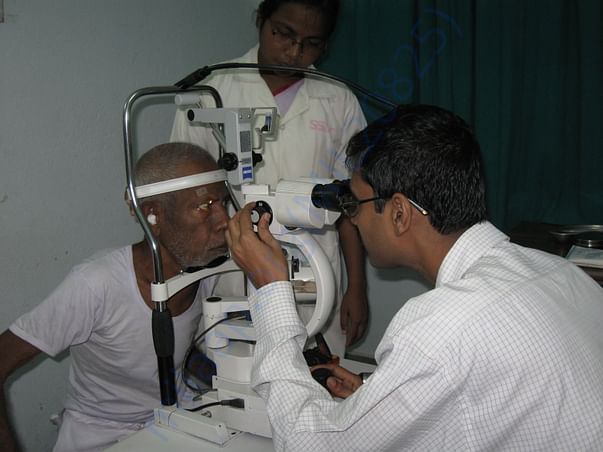 Doctor Check to patient at our 70 baded eye Hospital in Sundarban
