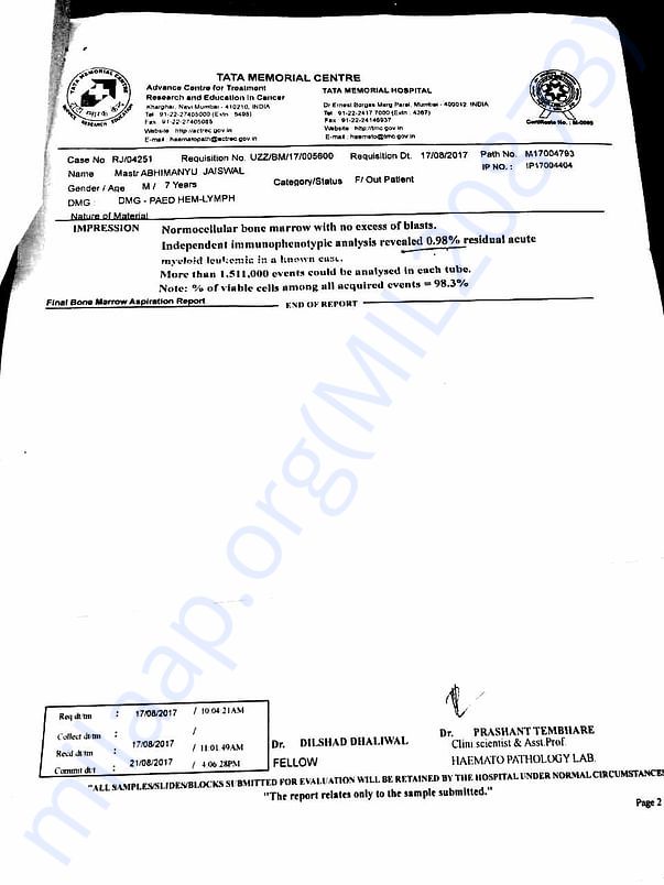 Tata Memorial Diagnosis Report 1
