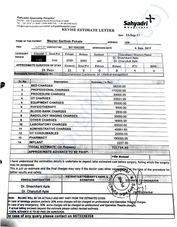 Sahyadri Hosptial Estimate for hospitalization