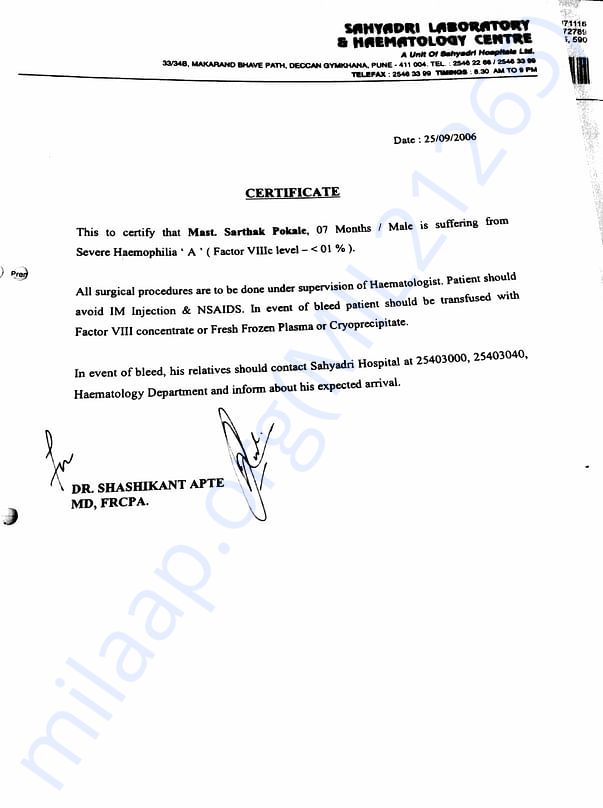Sarthak's Hemophilia Certificate