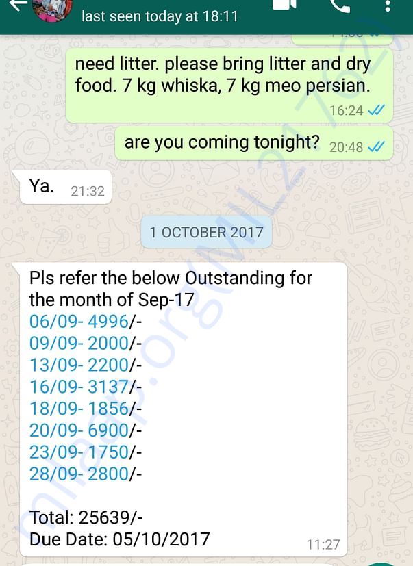 food and litter bill for September, 2017
