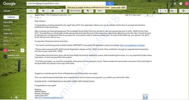 This is the mail shows that,I(Atmakur Susmitha) had selected for Yatra