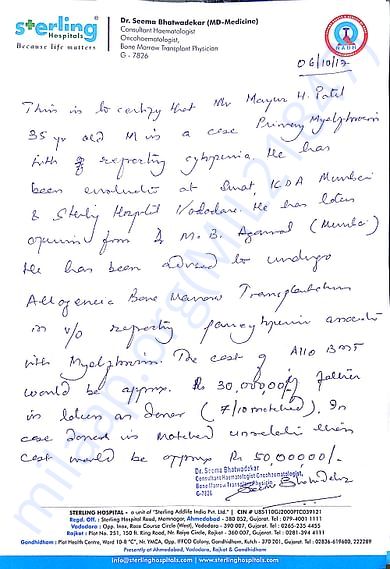 Doctors Letter for Diagnosis and Estimation for Bone Marrow Transplant