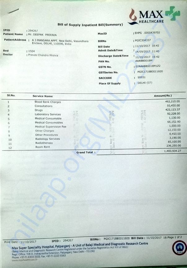This is Deepak's latest bill for his second Chemo.