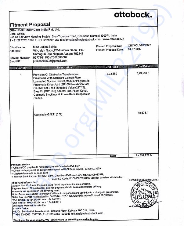 Ottobock India's estimated cost for prosthesis application