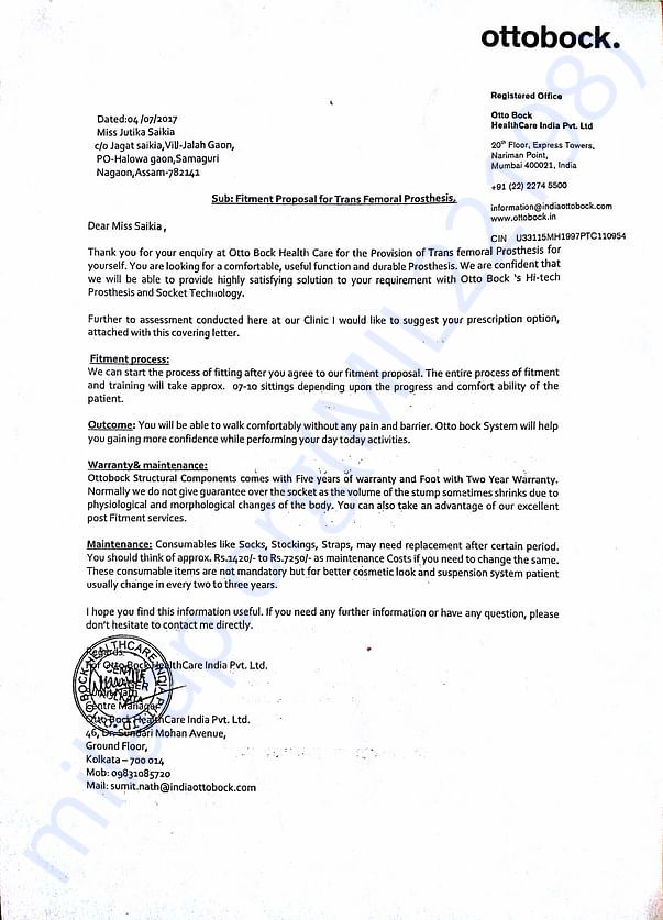 Ottobock India Letter