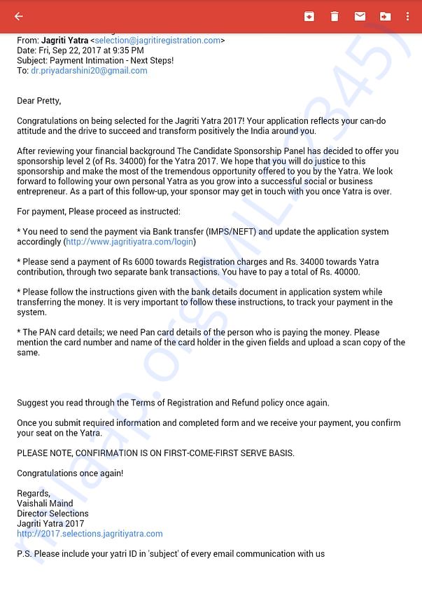 Scholarship and payment intimation mail from team Jagriti