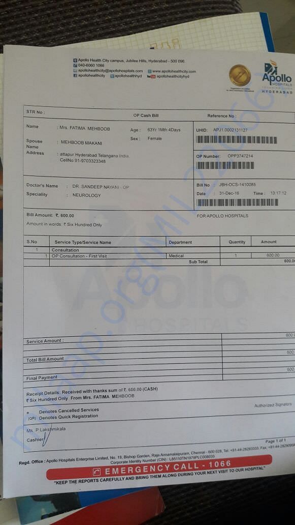 Apollo Hospitals Bill for one visit