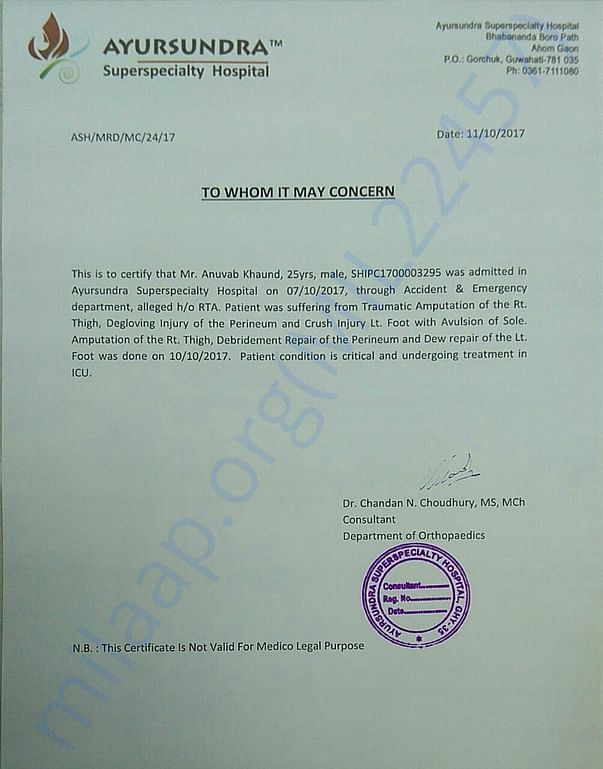 Medical Certificate issued on 11-Oct-2017