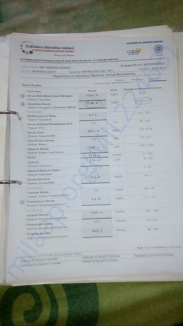 Blood report related to Kidney failure