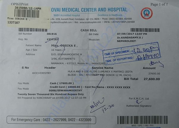 Blood test invoice for kidney transplant operation