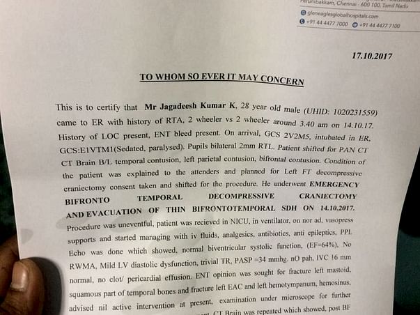 Help In Saving Our Friend Jagadeesh, Terribly Injured In An Accident