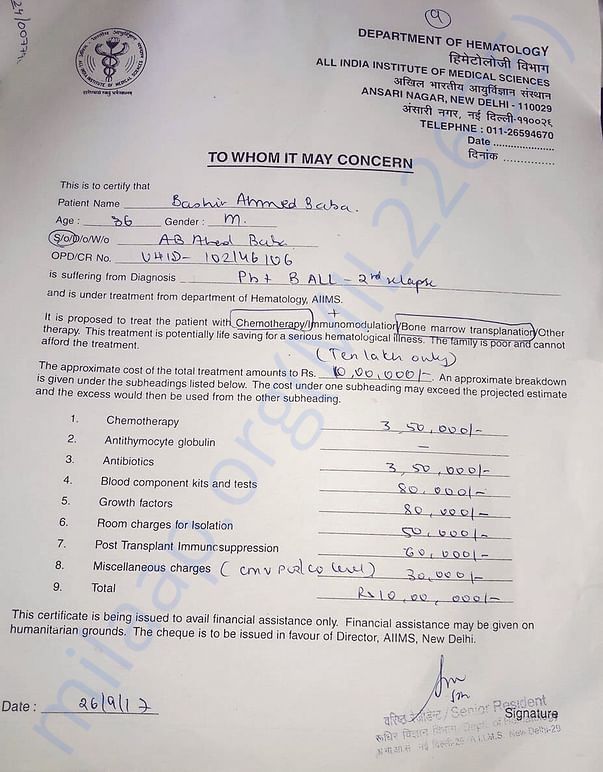 Estimate of Treatment cost by AIIMS, New Delhi