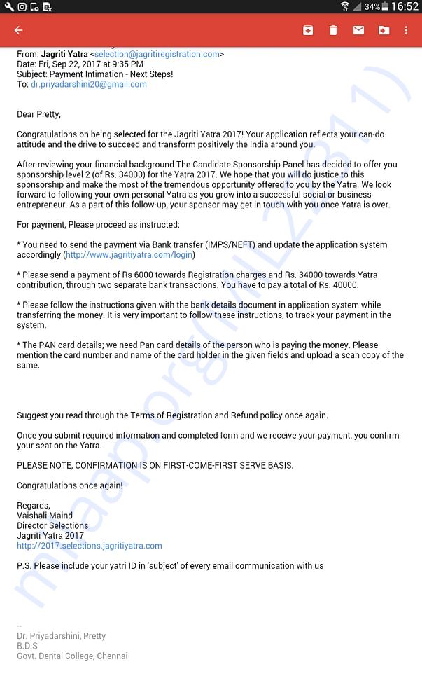 Screenshot of the mail from Jagriti Yatra
