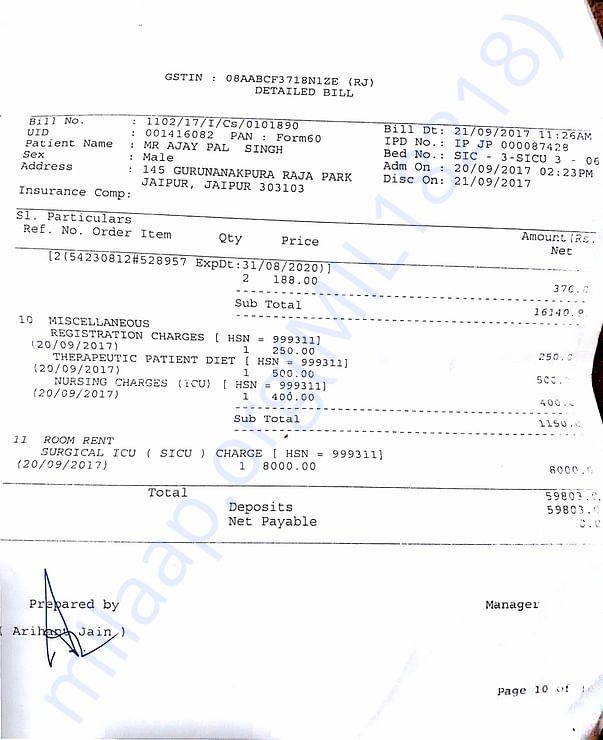 Fortis one day bill 20rh sept to 21st mrng