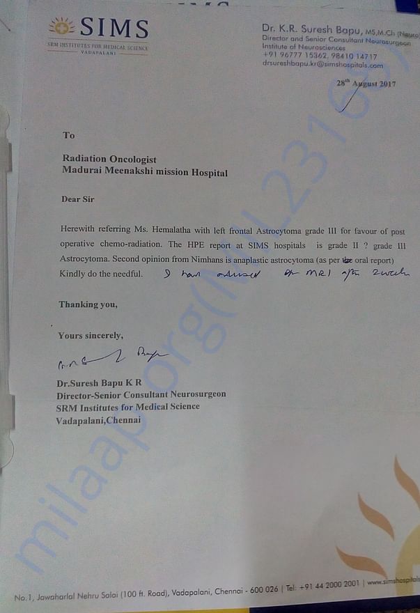 Letter from Dr Suresh babu