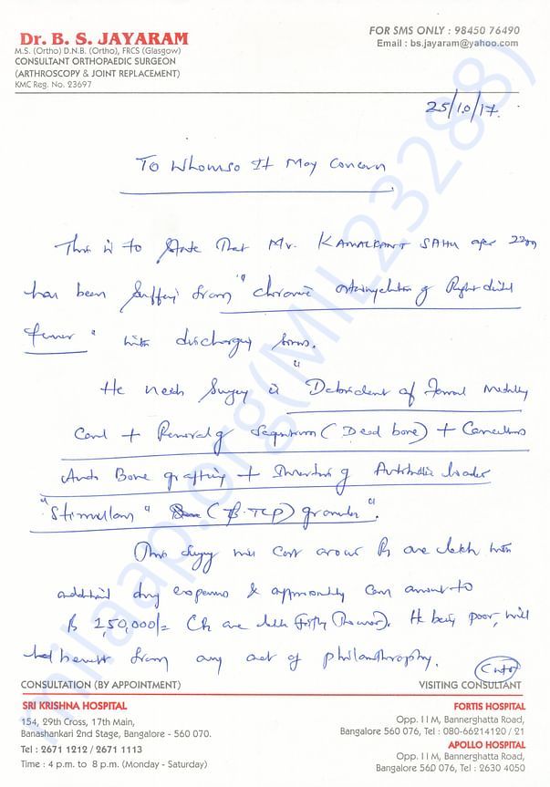 Dr jayaram's letter detialing treatment urgeency and cost esimate