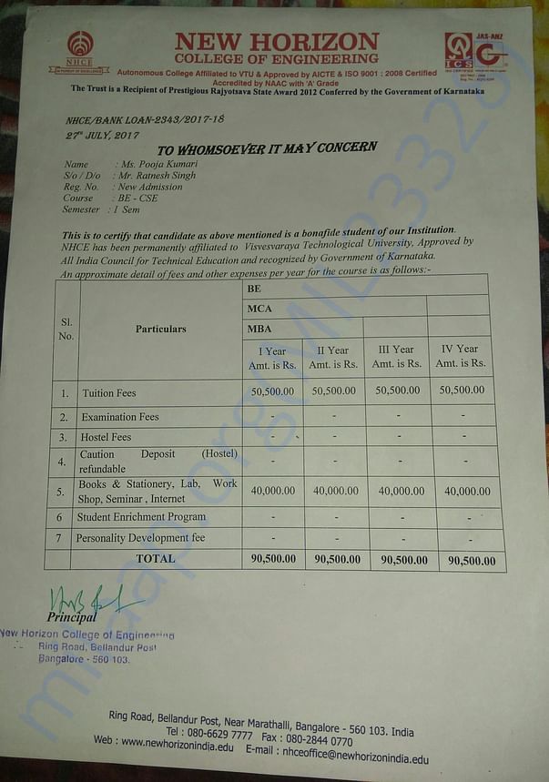 This is the fee structure of college she got while admitting.