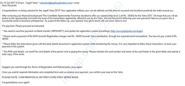 Conformation mail for selection and regarding fee payment.