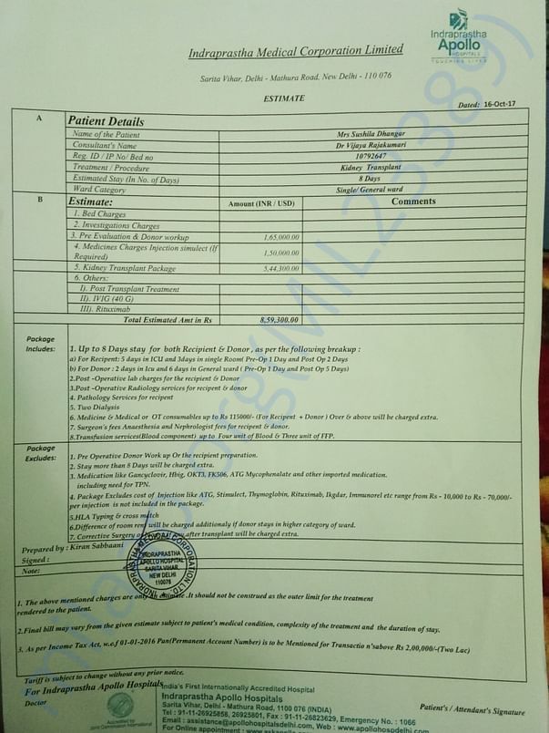 apollo hospital Sarita vihar New delhi estimate for sushila dhanghar.